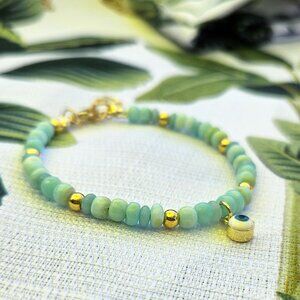 Petite Chalcedony Stone and 14K Gold Filled Bead Bracelet with Charm